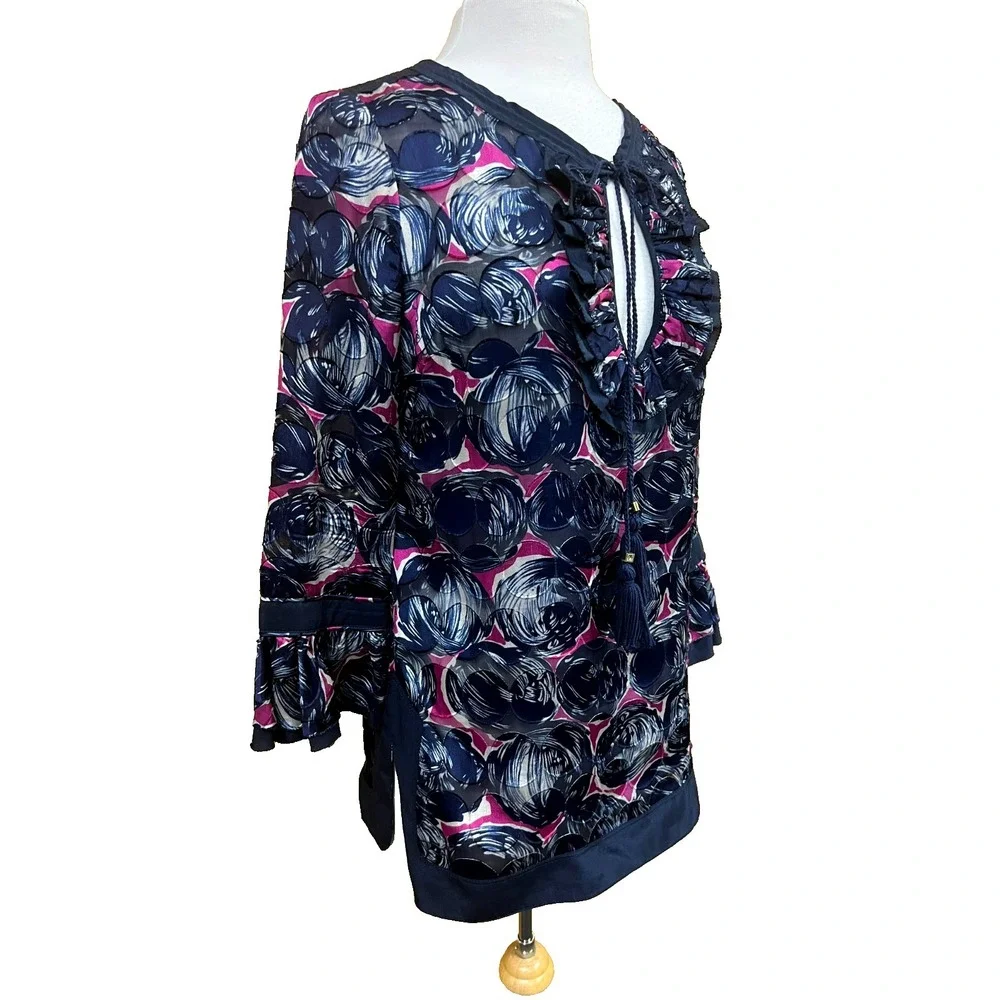 Tory Burch‎ Silk Blend Tunic Top Navy + Orchid Circle Print Keyhole Neck SZ S